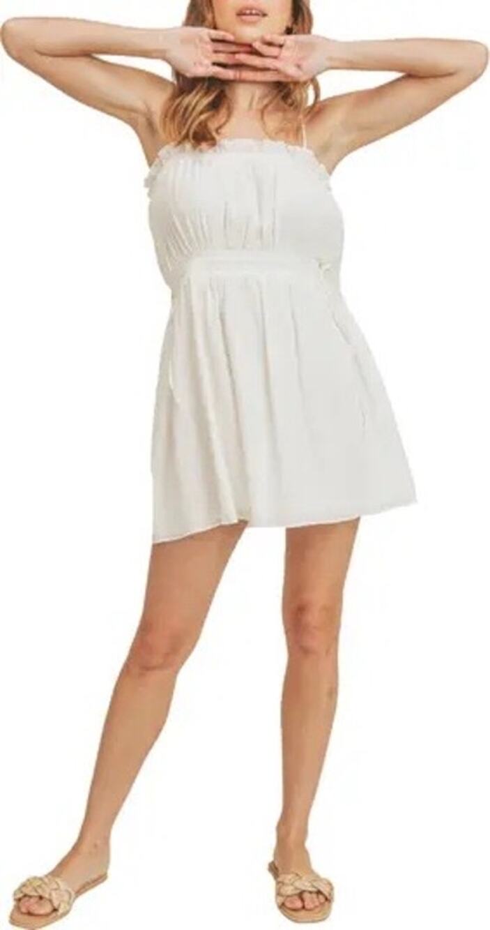 All in Favor White Cotton Gauze Square Neck Smocked Mini Dress Small